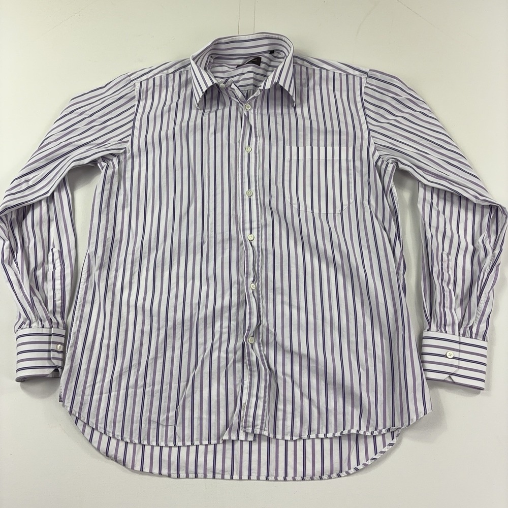 Canali Shirt Mens 16.5 42 White Purple Stripe Dress Long Sleeve Made Italy